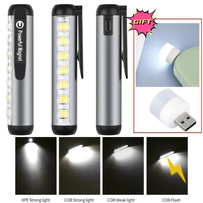 

USB Rechargeable Mini LED Flashlight With Clip Magnet Work Light Lantern Portable Emergency Type-C Light Waterproof Flashlight