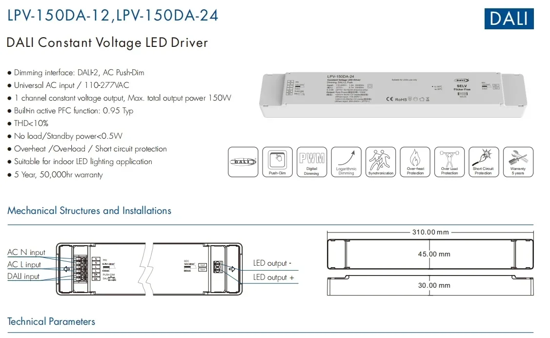 Description Picture 2 of itemNWE 150W DALI Constant Voltage LED Driver LPV-150DA-12/ LPV-150DA-24 12VDC/24VDC for Single Color Led Light Dimmer Power Supply