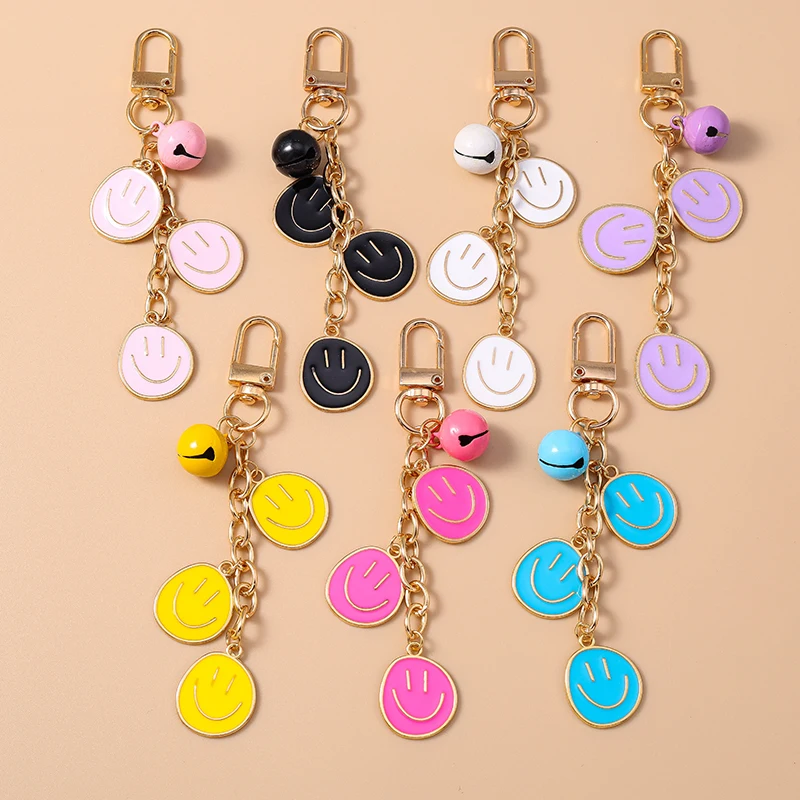 Cartoon Colorful Smile Face Bell Keychain for Car Key Souvenir Gifts for Women Men Handbag Pendant Keyrings DIY Accessories