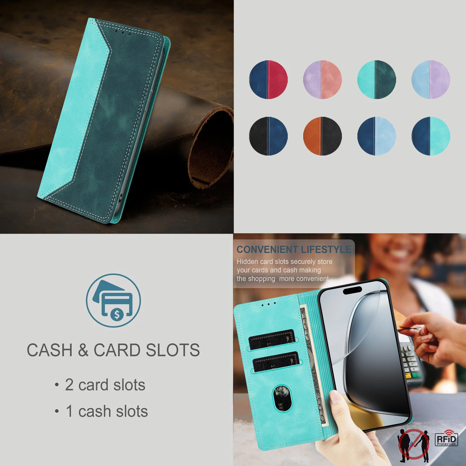Magnetic Leather Wallet Case with RFID Blocking & Shockproof Protection