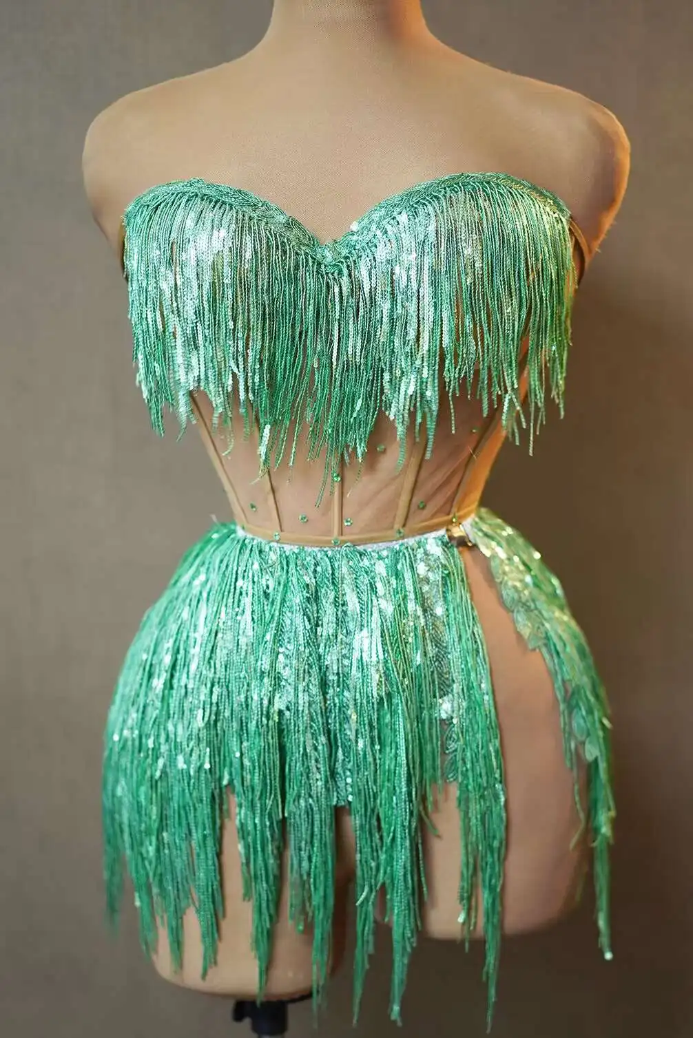 

Sexy Green Tassel Nightclub Clothes Woman Gogo Dancer Clothing Festival Party Rave Outfits Bar Dj Costumes Pole Dance Wear