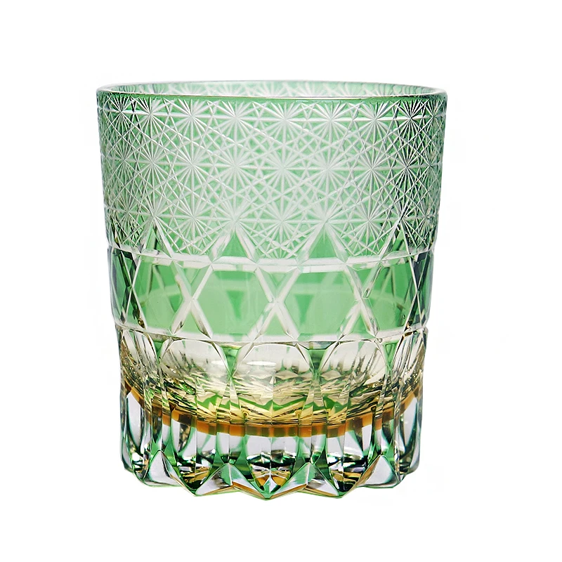Japanese Edo Kiriko Blue Green Glass Tumbler for Dinner Parties Bars 9oz Crysatal Wine Whiskey Glass Beverage Cup Gift Packing