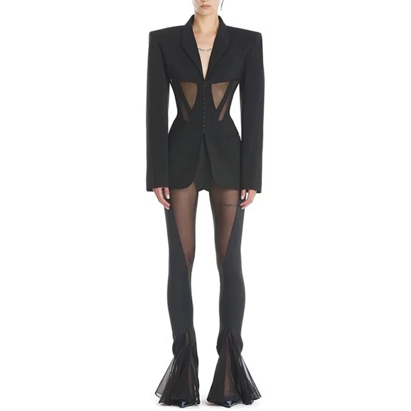 

Designed Sexy See Through Gauze Patchwork Lady High Street Suit Fitted Notched Long Sleeve Blazer Flared Pants Women 2Pcs