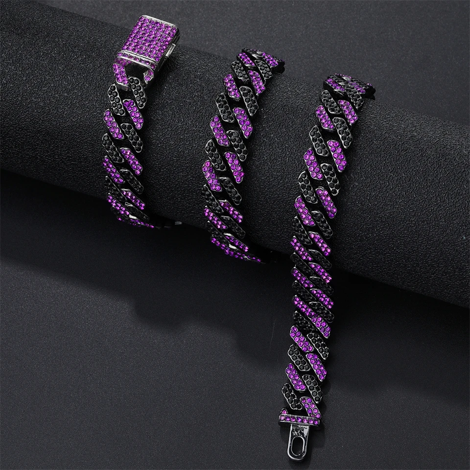 Hip Pop Purple Rhombus Prong Cuban Link Chain Necklace