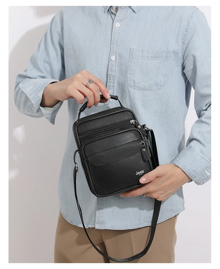 JEEP BULUO Brand Genuine Leather Men Shoulder Bags Black High Quality Male Cow Leather Crossbody Tote Handbags Business Fashion