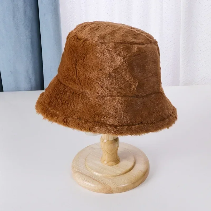 Women Bucket Hat Rabbit Plush Fisherman Style Colorful Warm Windproof Cold-proof Wide Brim For Winter