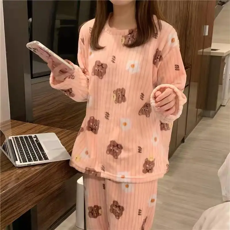 Winter Women's Pajamas Homewear Suit New Coral Fleece Warm Set of Fall and Winter Comfortable Warm Pajamas Homewear Suit Sd0b81e81f0ae4d5b99cd3e4bdc153605N