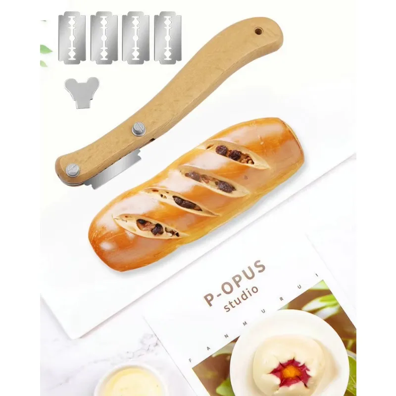 Bread Lame Tool with Wooden Handle and Replaceable Stainless Steel Blades for Artisan Bread Scoring and Baking Decoration
