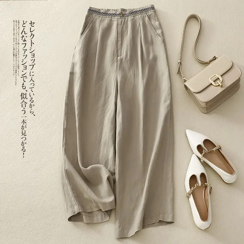 Thin Style Cropped Pants Cotton and Linen Female Elastic Waist Casual Solid Color Loose Summer Multiple Colour Wide Leg Pants