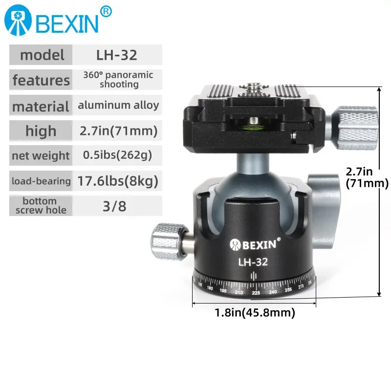 BEXIN LH28 LH32 Low Profile Ball Head 36mm CNC Metal 360&deg; Panoramic Camera Tripod Head Tripod Monopod DSLR Cameras Camcorder