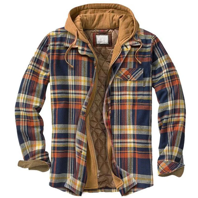 Men\'s Flannel Shirt Jacket with Removable Hood Plaid Quilted Lined Outdoor Winter Coats Thick Hoodie Outwear Man Fleece Shirts