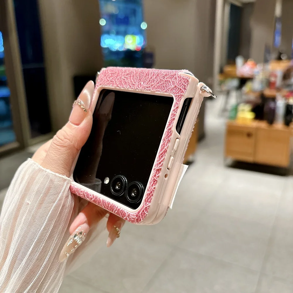 Elegant Lace Side Buckle Glitter Phone Case - Solid Color Shockproof Folding Cover