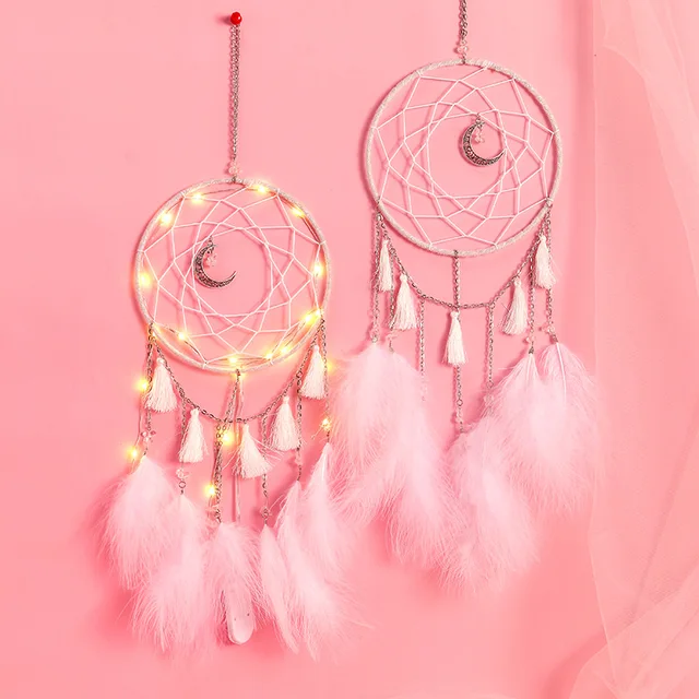 Álomfogó Wind Chimes Art Otthoni Kézműves Lila Menta Zöld Rózsaszín Dreamcatcher Tollakkal Holddekoráció Lány Szív Dísz - Image 3