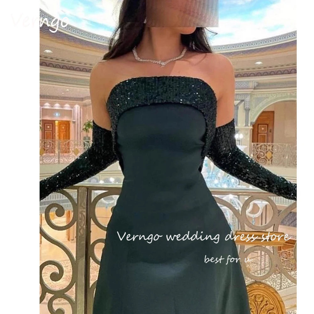 

Verngo Dark Green Satin Long Evening Dresses Shiny Strapless Sequin Neck Arabic Floor Length Formal Prom Gowns Party Occasion