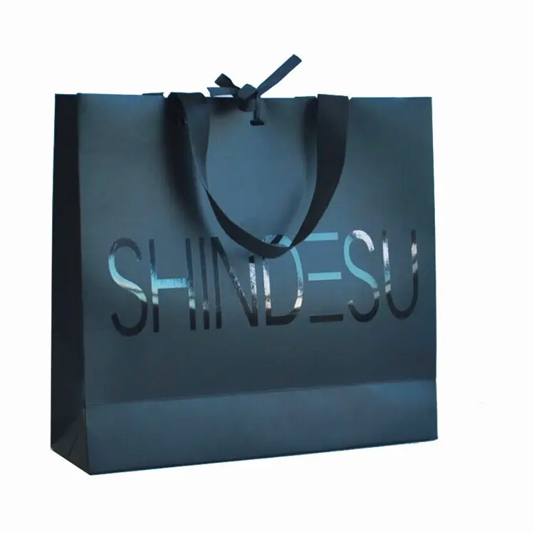 Custom Shopping Bag with Ribbon Printed Logo Paper Manufactory Spot UV Square Size Luxury Black Offset Printing Coated Paper 3