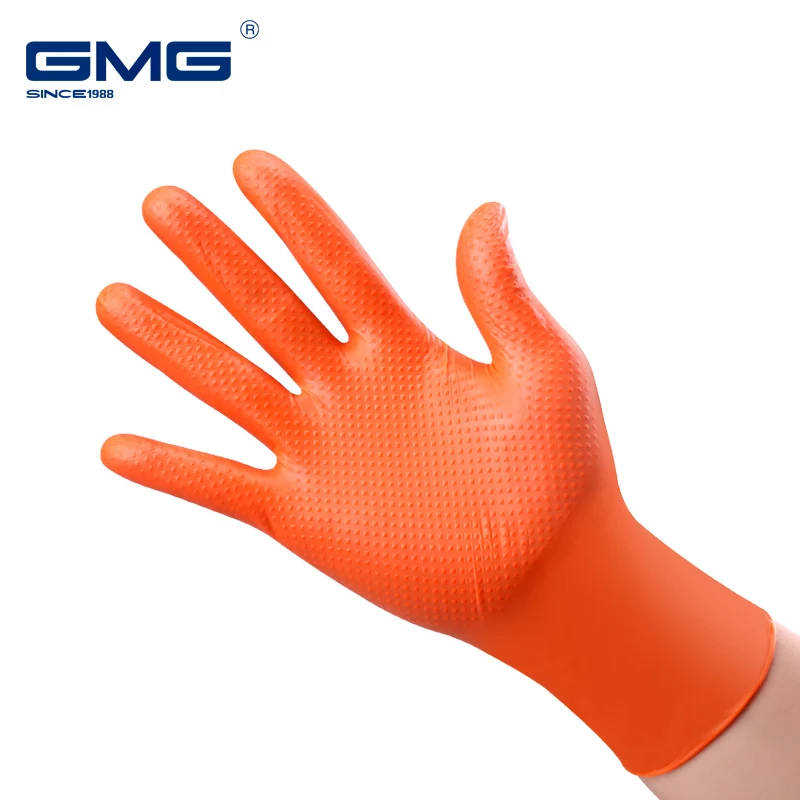 

Nitrile Gloves Orange Black Durable With Diamond Pattern Heavy Duty Gloves Mechanical Waterproof Oilproof Vinyl Gloves