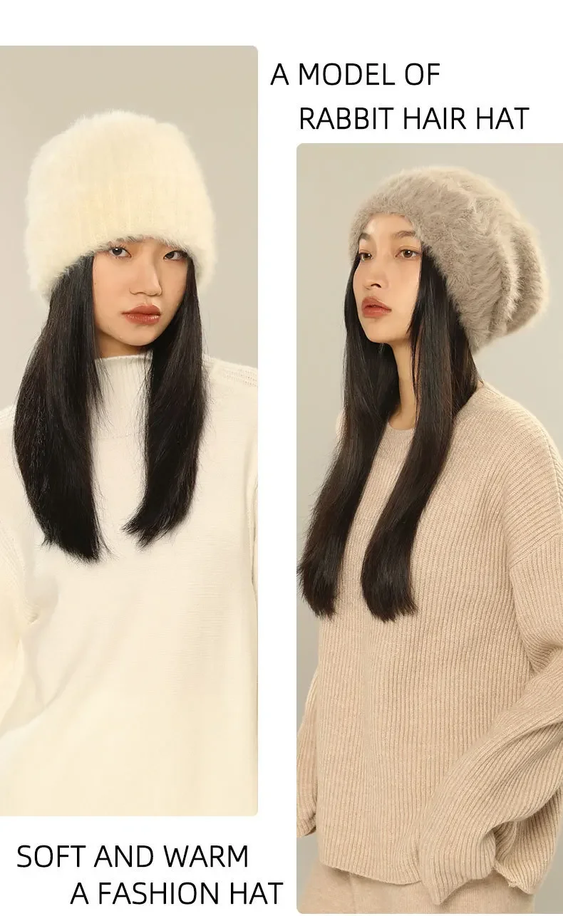 Autumn Winter Women's Wool Soft Fur Warm Oversize Knitted Sullies Cap Outdoor Leisure Solid Beanie Hat Bonnet Gorras_voghion.com