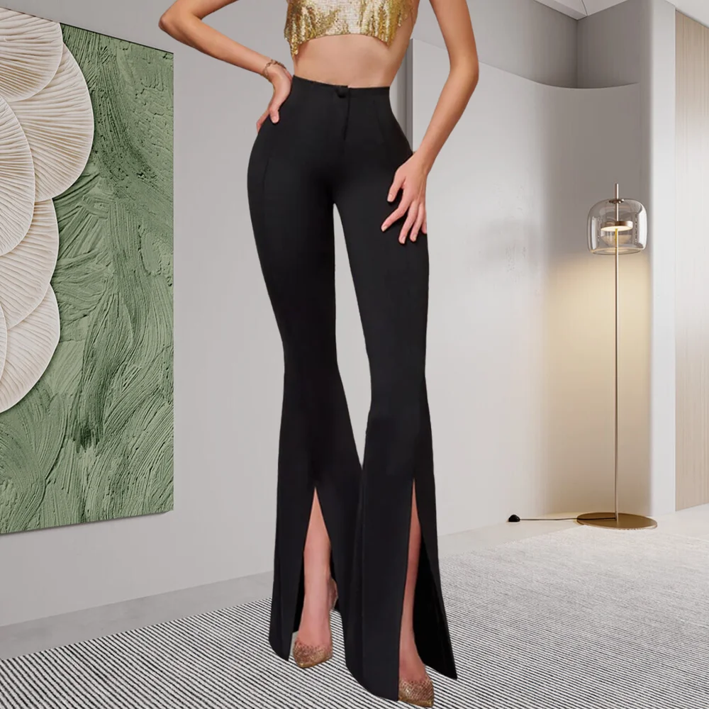 2024 Women Slim Fit Trousers Korean Style Casual Bootcut Pants Black Fashion Streetwear Britches Bottom Split Versatile Pants