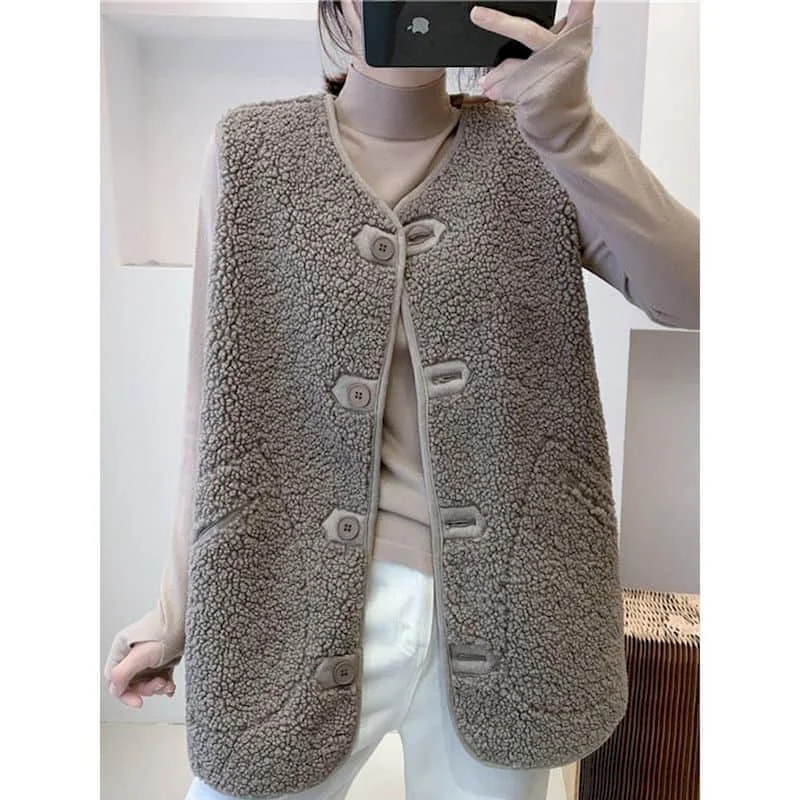 thumbnail image 1 of Chalecos de vellón para mujer, chalecos de felpa de largo medio, cárdigans casuales sin mangas con cuello en V, chaquetas de invierno de gran tamaño, blusas holgadas para mujer, 1 of 5
