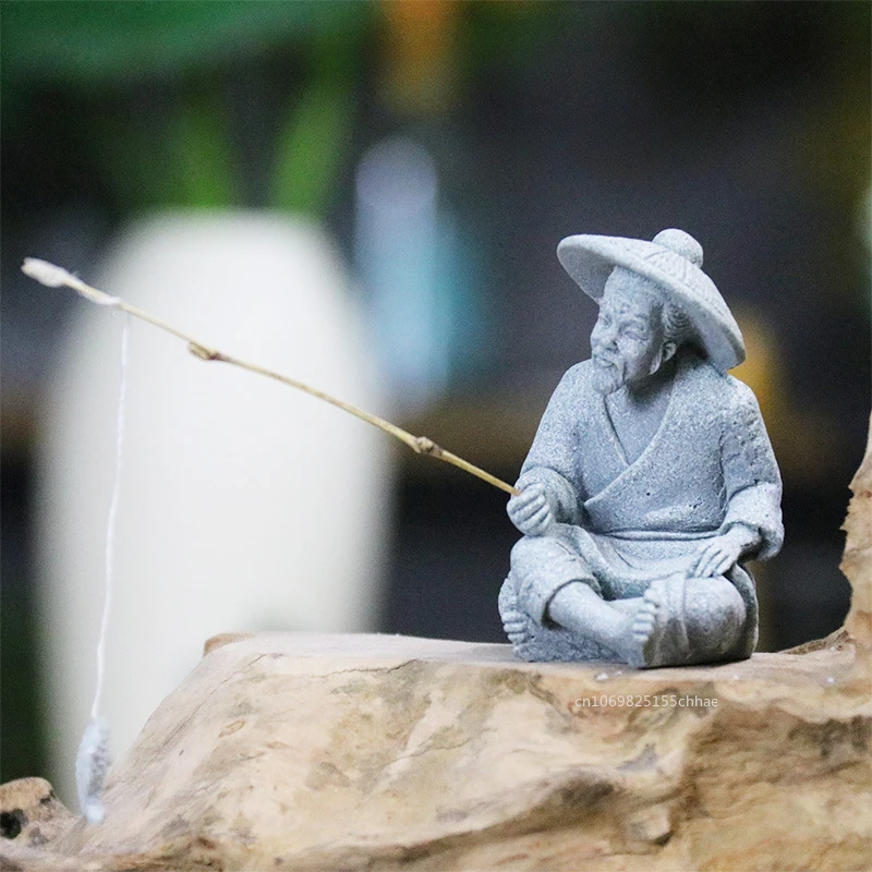 Fish tank ornaments 1pc Fish Tank Garden Sitting Fishing Sandstone Vintage Ornament Aquarium Mini Fisherman Statue Asian Zen Room Decoration