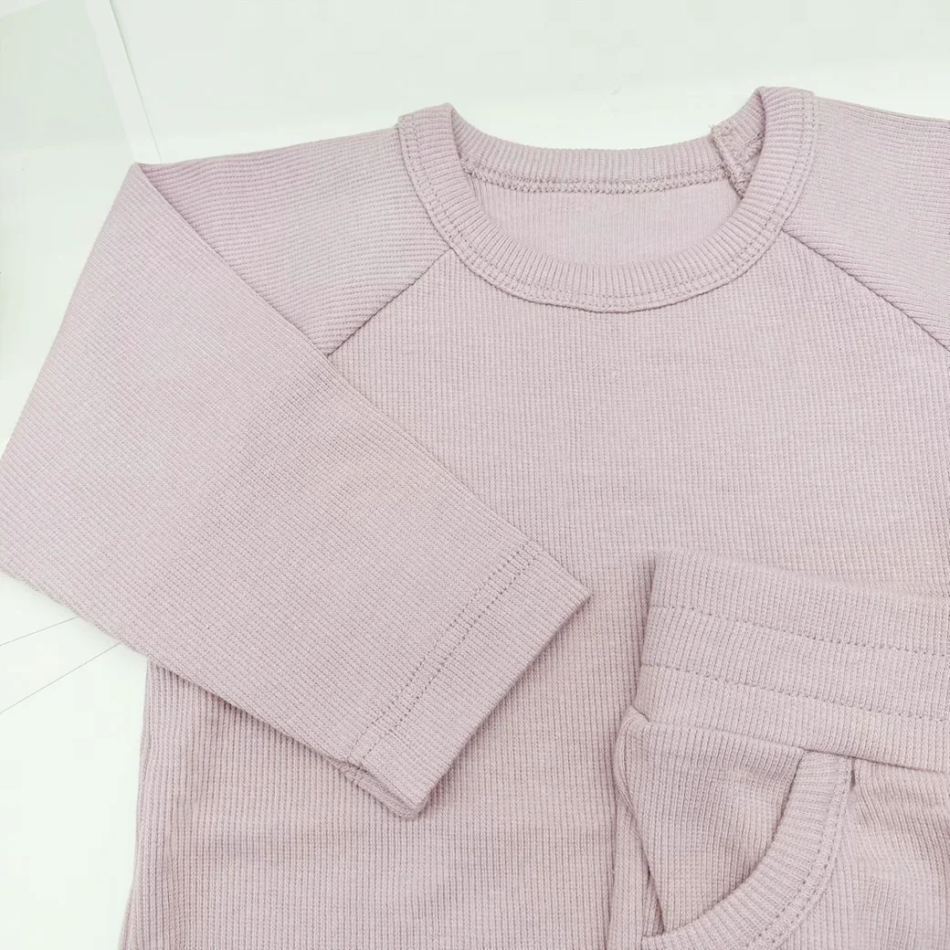 Autumn Infant Pink Color Girls Long Sleeve O-Neck Ribbed Cotton Children Pajamas Clothes