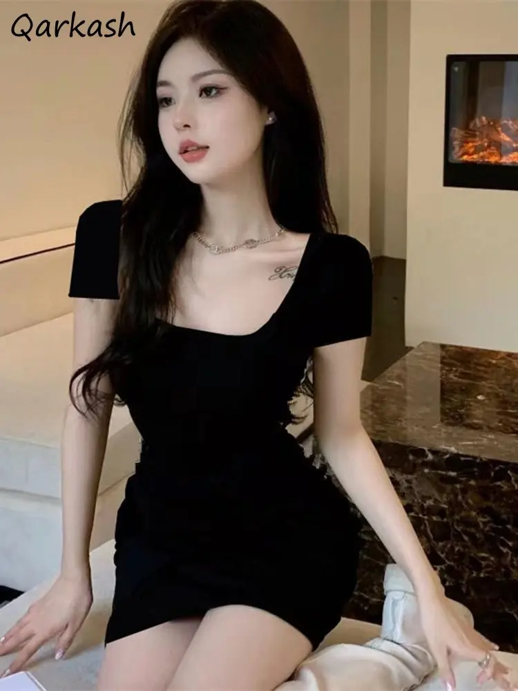 

Sexy Dresses Women Mini Summer Tender Slim American Style Chic Square Collar Y2k Fashion Casual Solid Basic Streetwear Club Soft