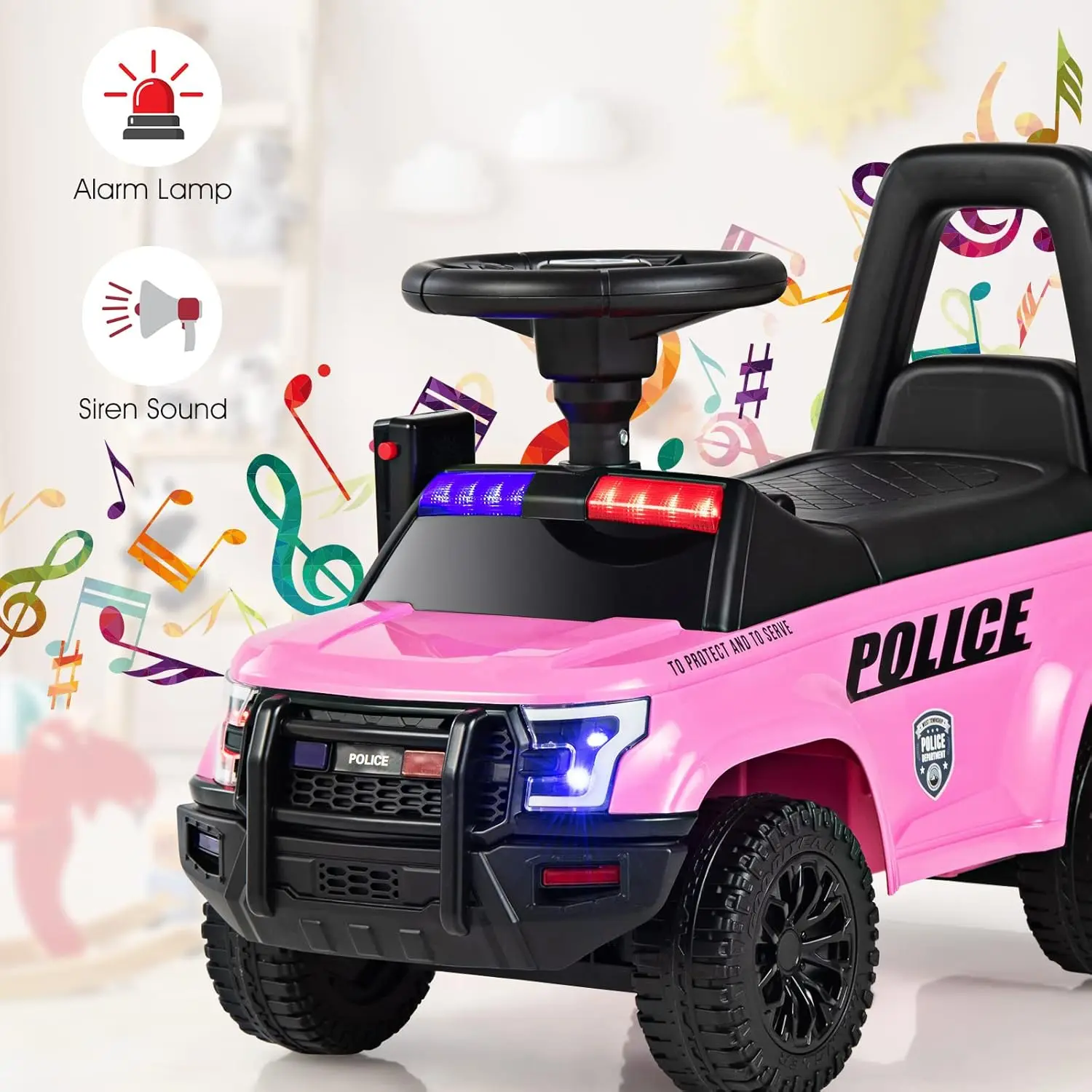 Headlights Toddler Foot-to-Floor Sliding Toy with Siren Under Seat Storage Ride On Push Police Car 4