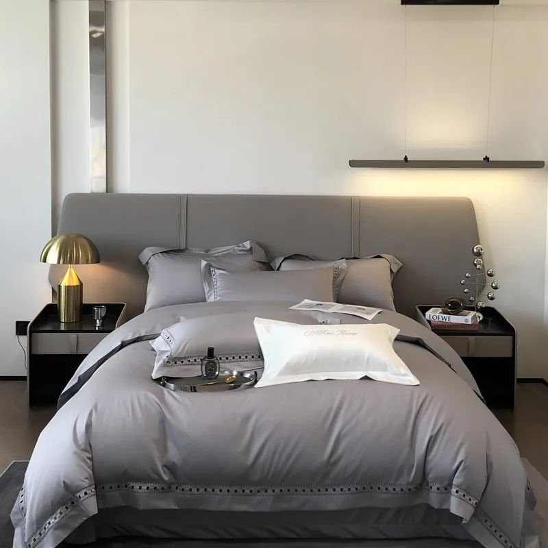 1400TCEgyptianCottonSolidPlainGreyDuvetCoverChicHollowedout