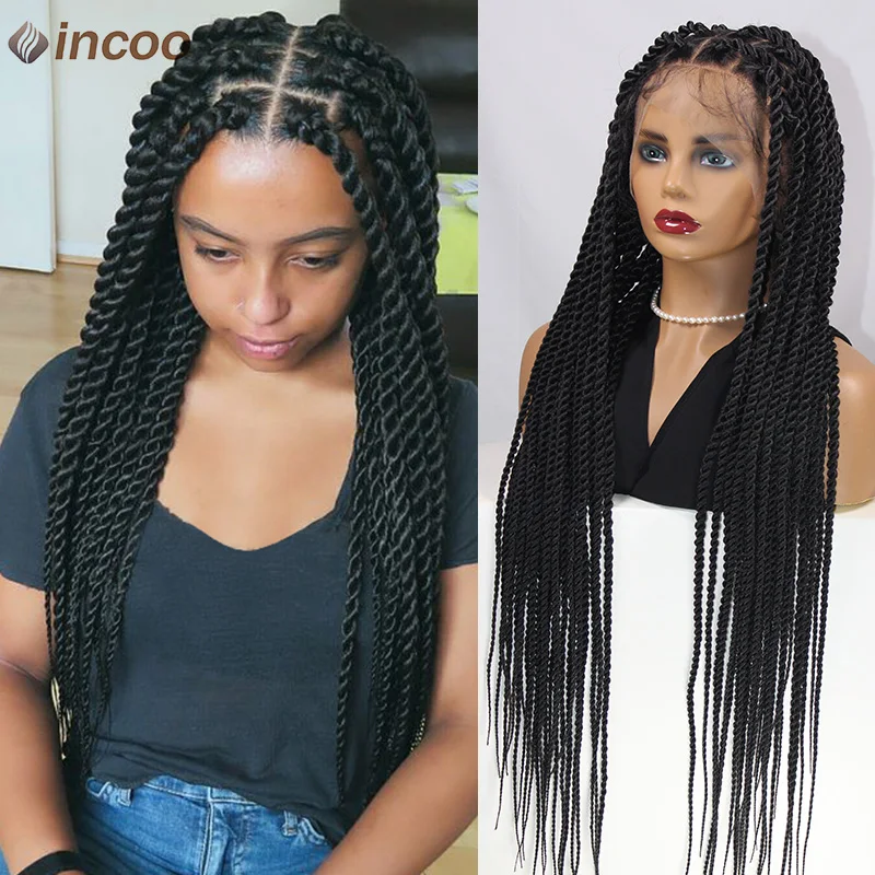 

Synthetic Large Box Braided Wigs Senegalese Twist Braids Faux Locs Knotless Full Lace Front Wig For Women Jumbo Tribal Braid Wig