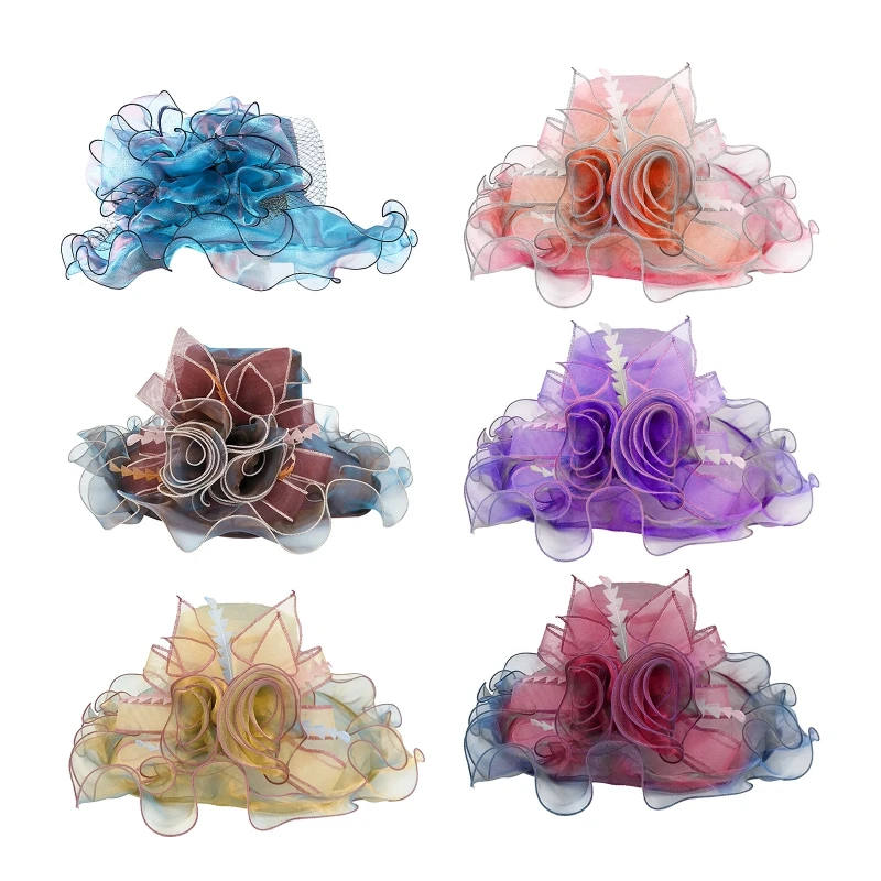 

New Wide Brim Flounce Hat Exquisite Fascinator Hat Fashion Summer Floral for Sun for Tea Party Wedding Church
