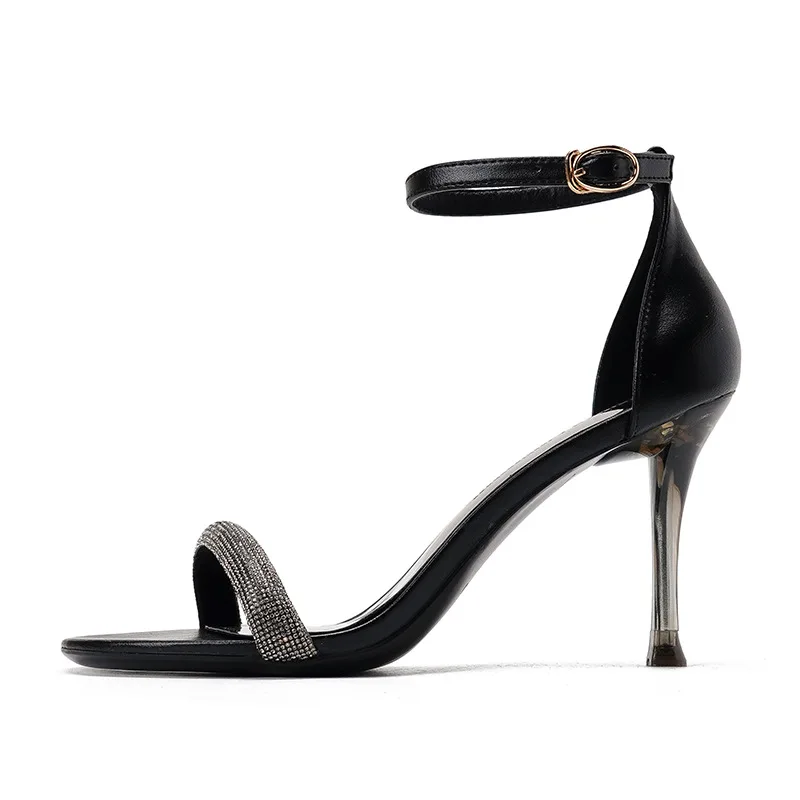 French Retro Summer High-heeled Sandals Simple Temperament Rhinestone One-line High Heels with Open-toed Stiletto Sandals Women