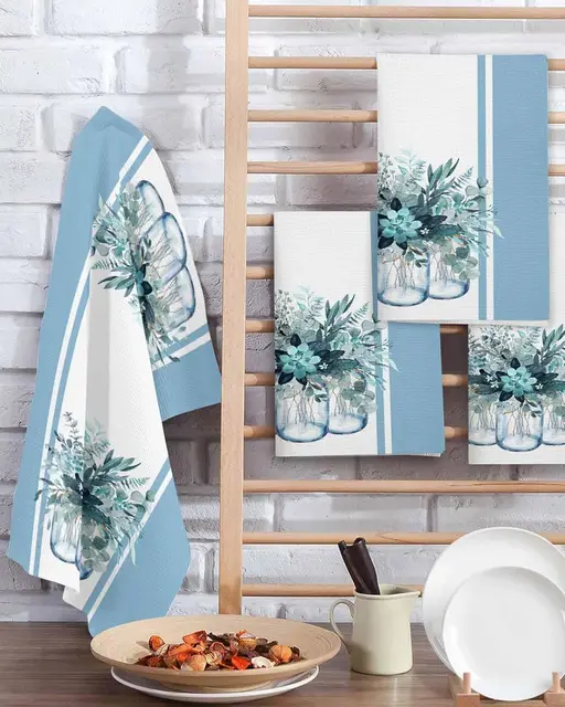 Pack De 4 Paños De Cocina De Algodón A Rayas – 50x70 Cm, Color Turquesa Y Gris, Con Cinta Para Colgar