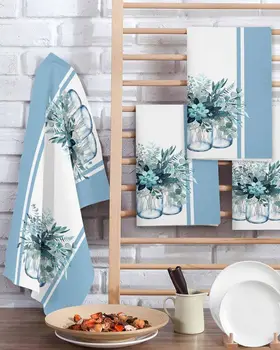 Set di asciugamani da cucina con foglie di eucalipto blu estivo per strofinacci da cucina super assorbenti, asciugamani da tè, prodotti per la pulizia 1