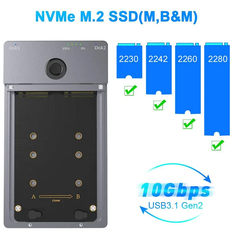 Rocketek M2 SSD 케이스 NVME 인클로저 오프라인 복제 및 복제기 기능, M.2-USB 타입 C 3.1, NVMe PCIe M.2 SSD용, EU 플러그