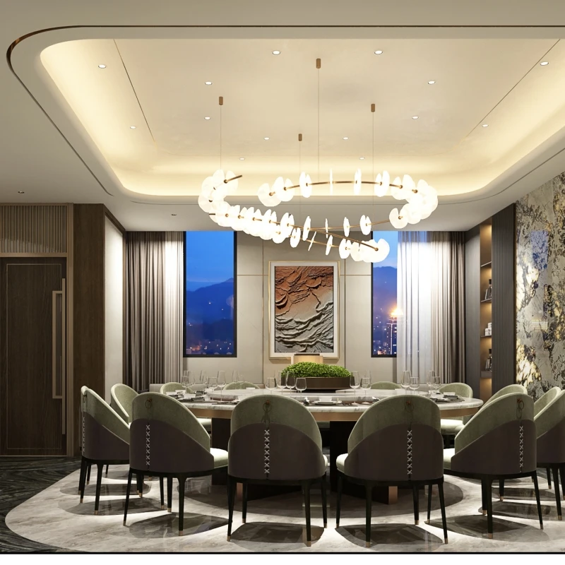 Description Picture 2 of itemRound Hall Large Crystal Chandeleir For Hotel Lobby Villa Living Room Dining Room Glass Leaf Crystal Ring Hanging Chandeliers