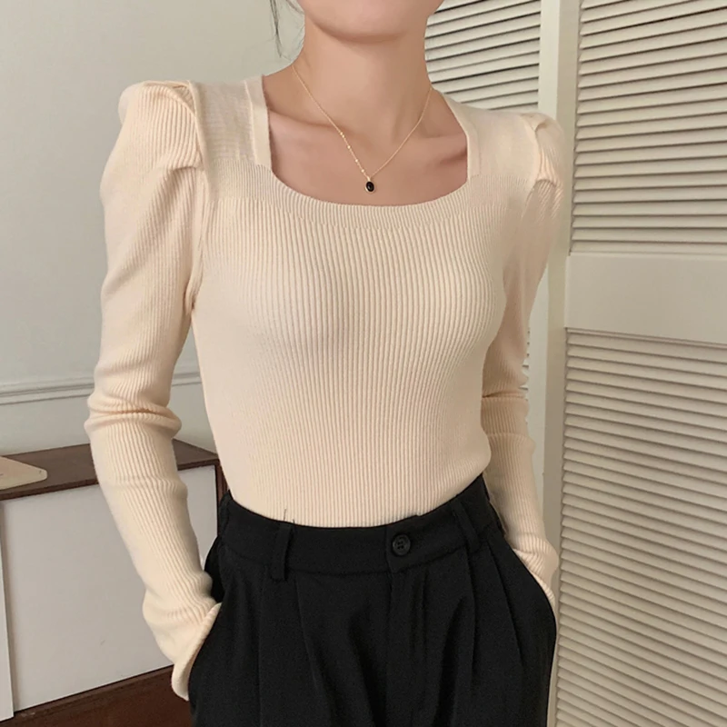 

Korean Fashion Square Collar Knitted Tops Women Clothes 2023 Autumn Basic Sweater Slim Puff Long Sleeve Pullover Womens Knitwear