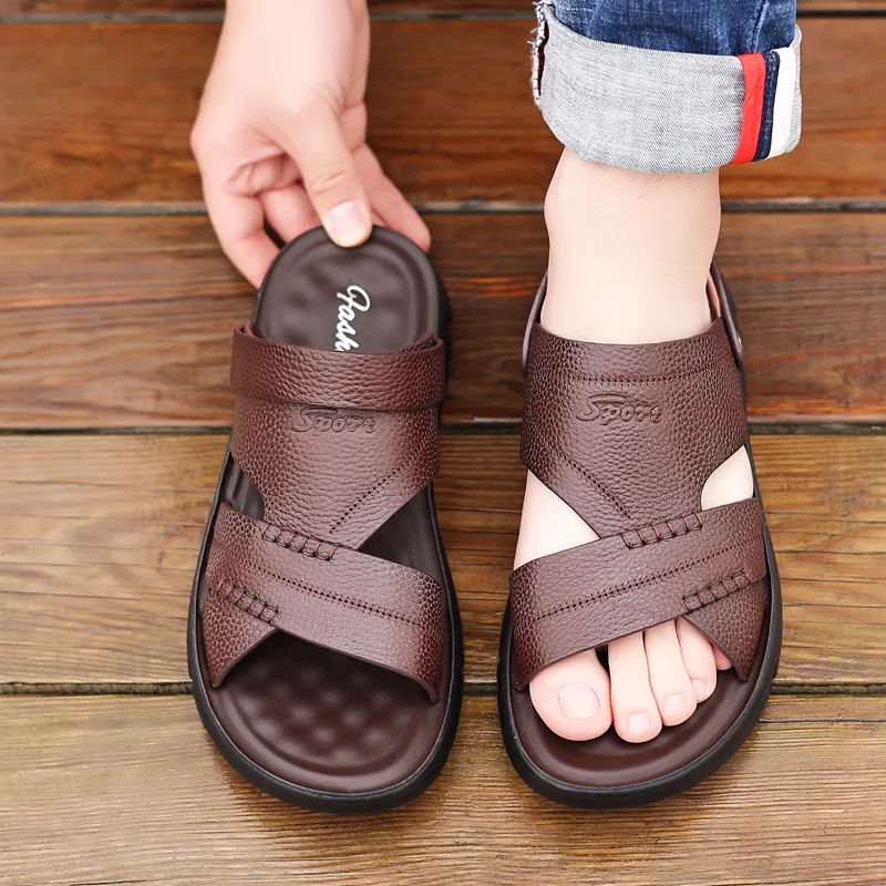 

Сандалии мужские кожаные с открытым носком, модные удобные босоножки, пляжная обувь, однотонные, 2024