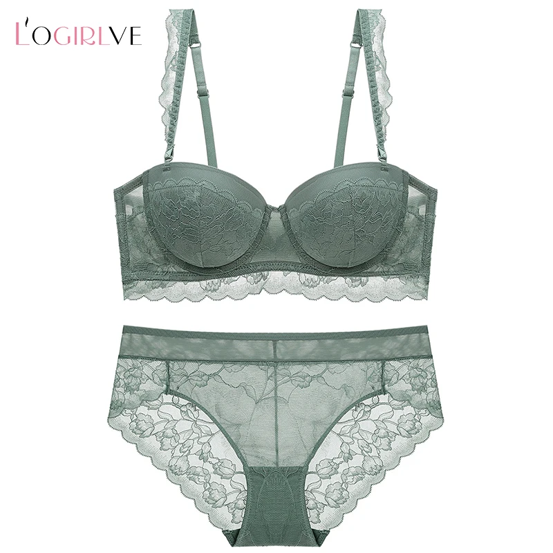 Logirlve Brand Green Sexy Underwear Set Deep V Brassiere Lace Lingerie Set  Women Cotton Push-Up Bra And Panty Sets 3/4 Cup - AliExpress