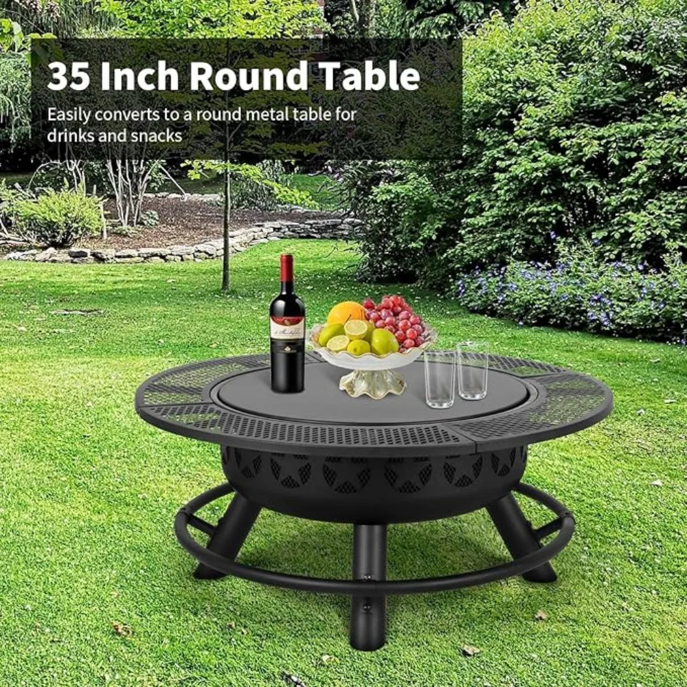 35 Inch Fire Pit with Cooking Grate & Charcoal Pan, Outdoor Wood Burning BBQ Grill Firepit Bowl with Cover Lid,Steel Round