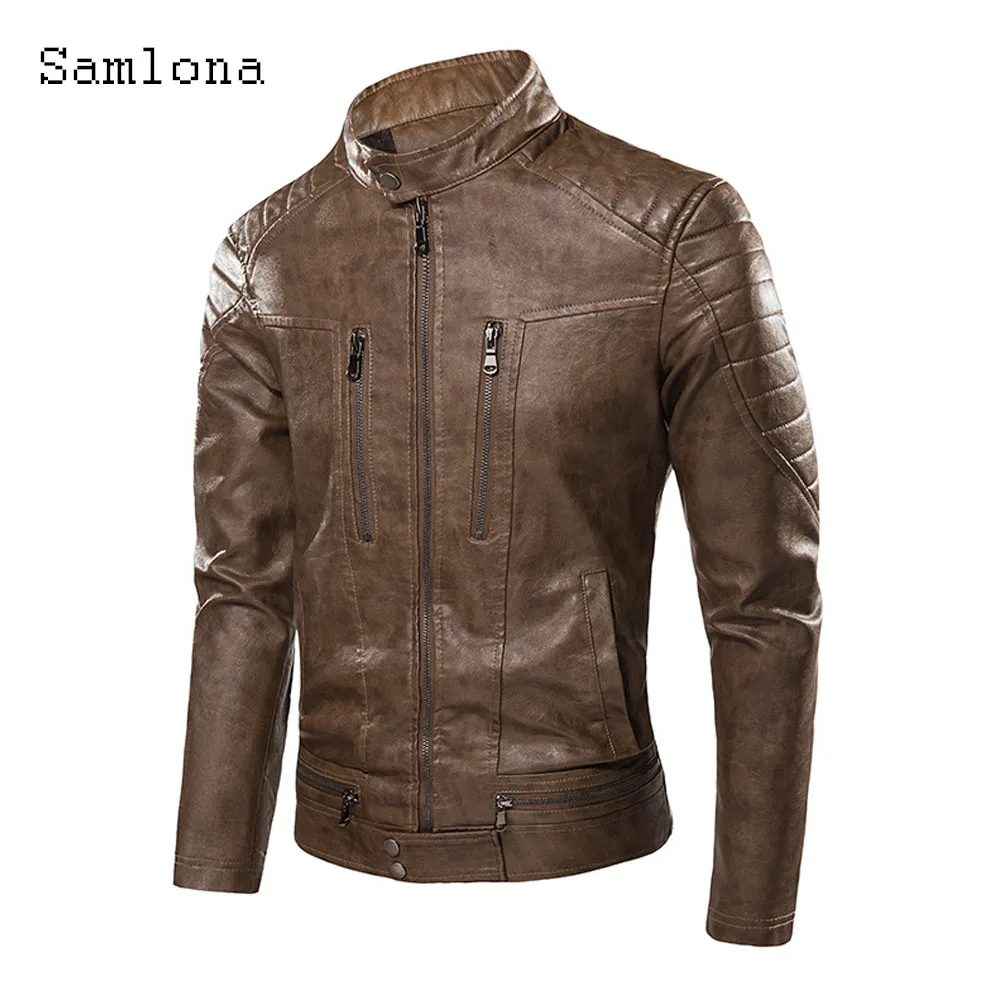 

Plus Size Mens Pu Leather Jackets 2024 New Spring Motorcycle Jacket Mandarin Collar Outerwear Men Fashion Zipper Pocket Coats