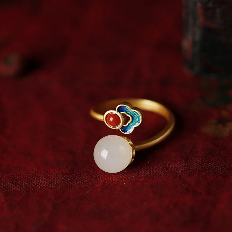 

Original Design Gilt Hetian Jade Ring Enamel Red Stone Auspicious Clouds for Women Chinese Style Gold Plated Wedding Open Ring