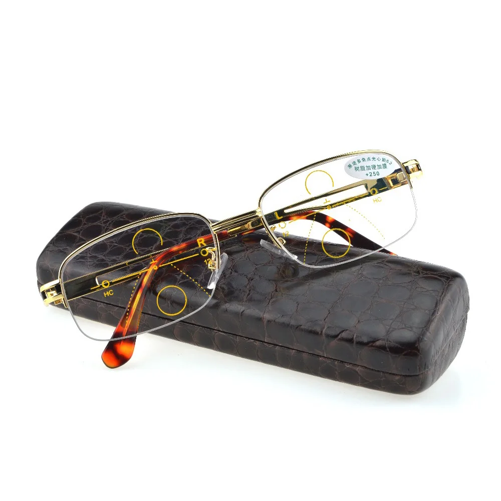 

Progressive Multifocal Reading Glasses Mens Gold See Near Far Ultra Light Alloy Intelligence Add +1 +1.5 +2 To +4
