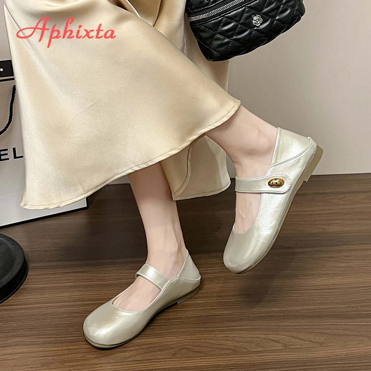 Aphixta Flat with Round Toe Soft Mary Janes Women Shallow Metal Buckle Concise Women Casual Shoes Size41 Women Flat Shoes