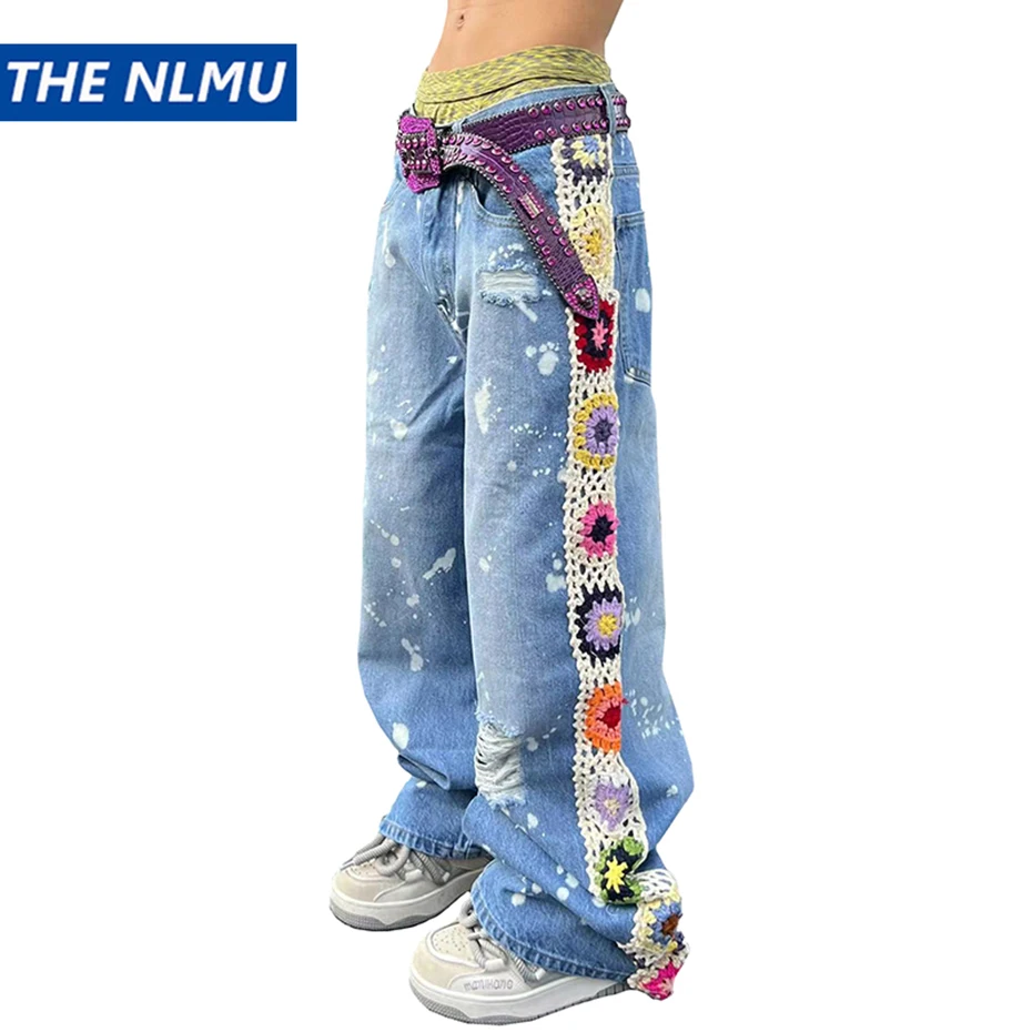 

Men Fashion Baggy Jeans Knitted Flower Ripped Denim Pants Hip Hop Streetwear Blue Jeans for Male