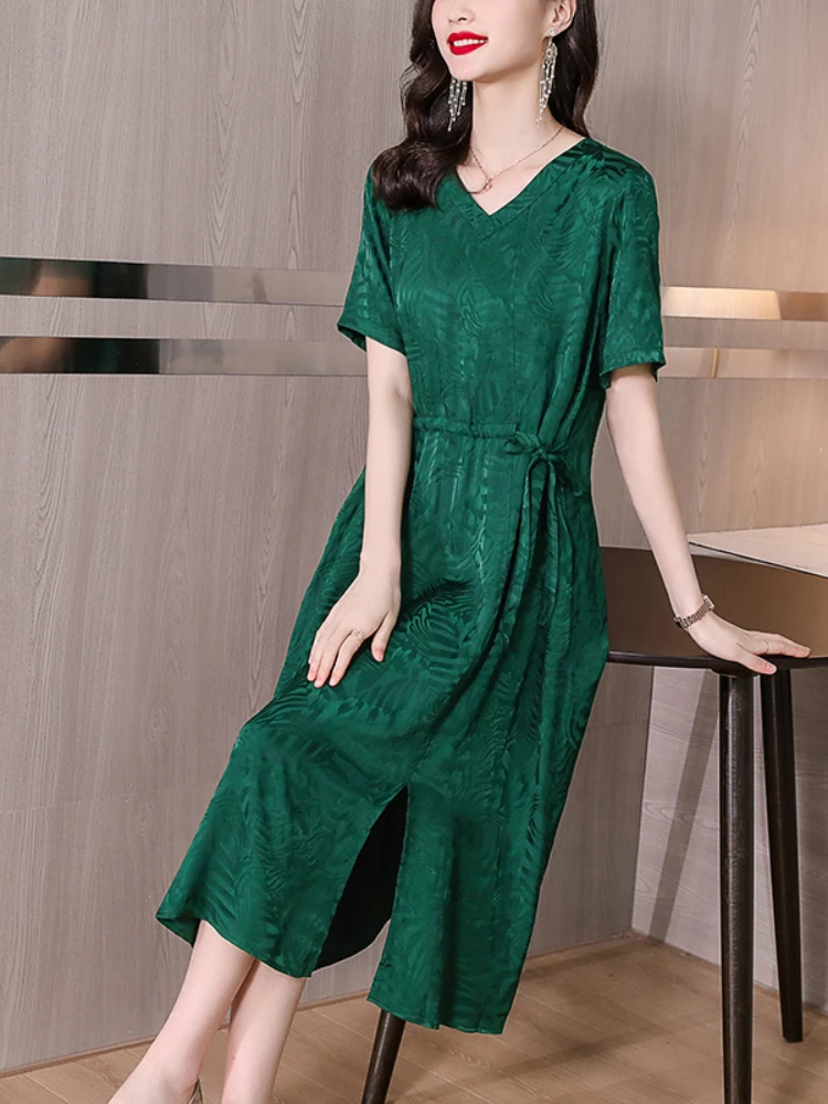 

2023 Green Floral Silk V-Neck Sexy Midi Dress Summer Fashion Light Casual Beach Sundress Women Korean Elegant Bodycon Vestidos
