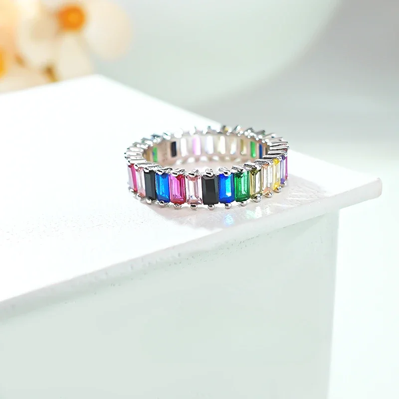 

Versatile and Colorful High Carbon Diamond Row 925 Silver Ring Set in Instagram Style and Rainbow Style