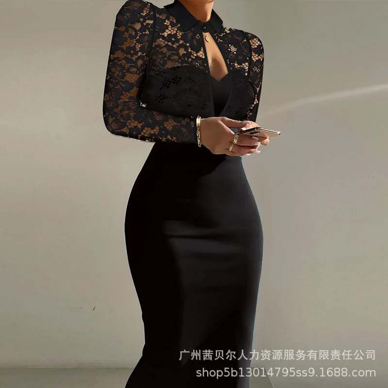 

Women's Clothing Lace Stitching Long Sleeve Skinny Slim Dress Sexy Summer Fashion Long Dress