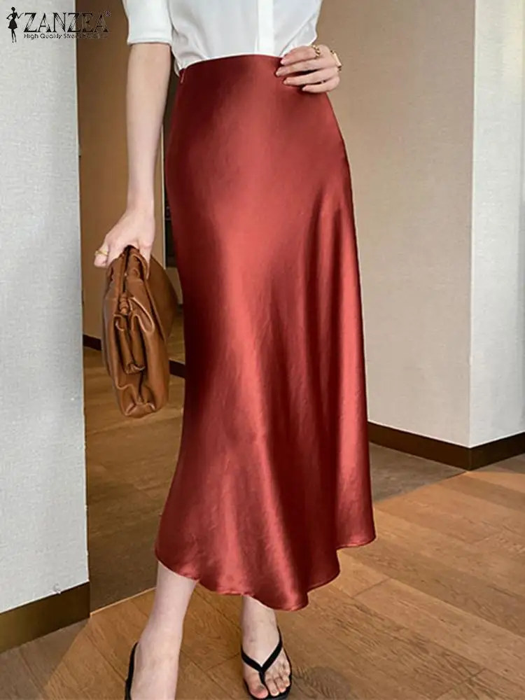 

2024 ZANZEA Women Elegant Satin Skirts Summer High Waist Office Lady Work Solid Mid-calf Skirt Fashion Jupe Casual Faldas Saia