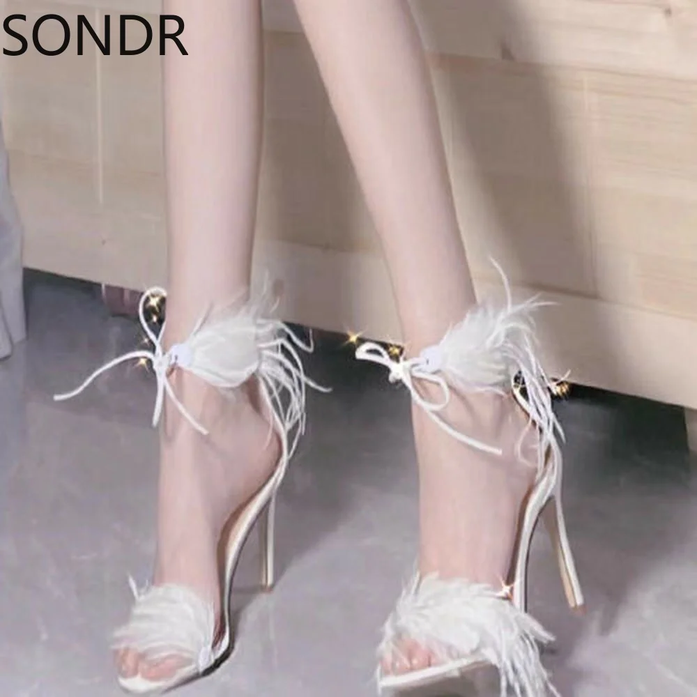 

Womens Sexy Feather Faux Fur Bandage Lace Up High Heels Stilettos Sandals Shoes