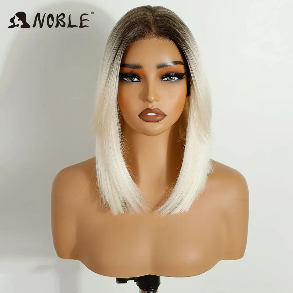 Noble Synthetic Lace Front Wigs For Women 12 Inch Cosplay Short Bob Lace Wig With Bangs Pre Plucked Pre-Cut White Lace Wig